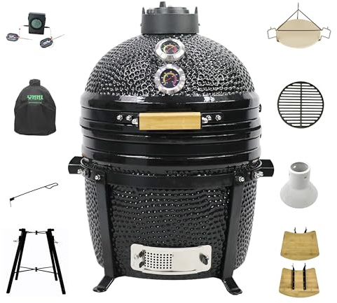 YNNI KAMADO TQTT15BLN Kamado sur pied avec chariot et tables d'appoint, barbecue, céramique, œuf, fumoir, lot avec extras TQTT15BLN Noir 40 cm