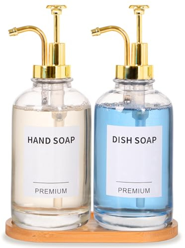 Disktvåldispenser för kök, handglas tvåldispenser set med pump, bricka, tratt för badrum, dusch, tvätt, vätska, lotion (guld 2-pack 5 dl genomskinliga flaskor med 12 klistermärken)