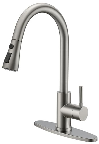 QFN Kitchen Faucet with Pull Down Sprayer Brushed Nickel, High Arc Single Handle Single Level Stainless Steel Pull Out Sink Faucet for Farmouse Camper RV Bar, Fit for 1 or 3 Hole