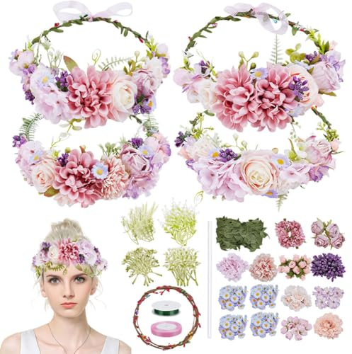 ORIGACH 109 Pcs DIY Blumenkranz Stirnband Set Haarreif Rosa Und Lila Blumen Basteln Kit Selber Machen Blumengirlande Blumenkranz Haare Deko Für Hochzeit Geburtstag Party Urlaub