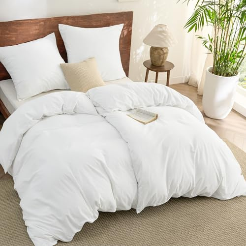 BEDSURE Bed linen set 135 x 200 cm, cotton, 4-piece white bedding set, 2-piece duvet cover with 2 pillowcases 80 x 80 cm, similar to washed linen, Oeko-TEX bedding incl