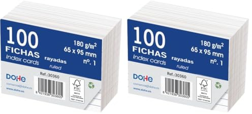 Dohe Karteikarten aus Karton, liniert, 100 Stück, Karten zum Schreiben, Größe 9,5 x 6,5 cm, 180 g, Nr. 1, Büromaterial, Weiß (Packung mit 2)