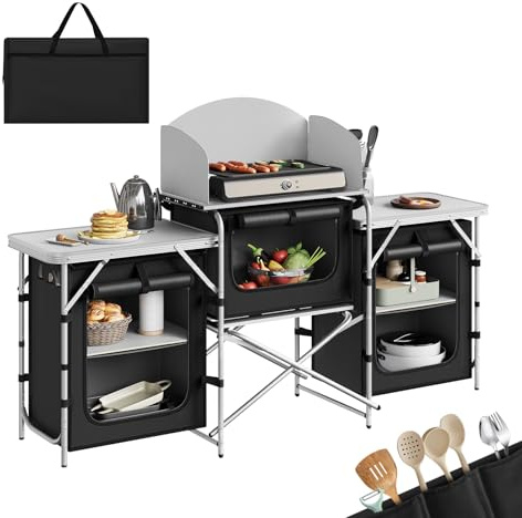 WOLTU Vikbart campingkök, hopfällbart picknickbord med förvaringshyllor, arbetsplan, vindskydd, bärväska för camping, picknick, aluminium + MDF, svart
