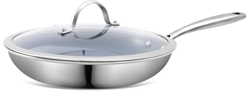 Stainless Steel Non Stick Frying Pan,10 Inch Healthy Non Toxic Ceramic Coating Cookware with Lid,Works on Induction, Electric Stove and Gas Cooktops,PTFE PFAS PFOA Free Skillet,Dishwasher&Oven Safe