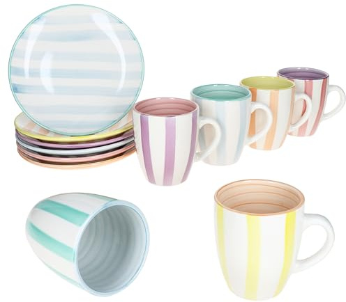 MamboCat Beach Pastello Stripes Service de petit-déjeuner 12 pièces I 6 petites assiettes à petit-déjeuner et 6 tasses à café de 340 ml pour 6 personnes avec rayures pastel pour le petit-déjeuner et