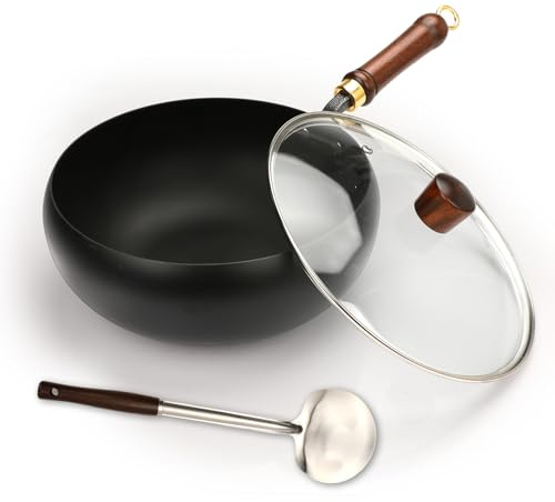 Pyrrhiax Suntuup Japanese Iron Pan, Uncoated Non-Stick Frying Pan, 11 Inch Stir Fry Pan for Cooker Gas with Glass Lid and Spatula, Durable and Rust-Free