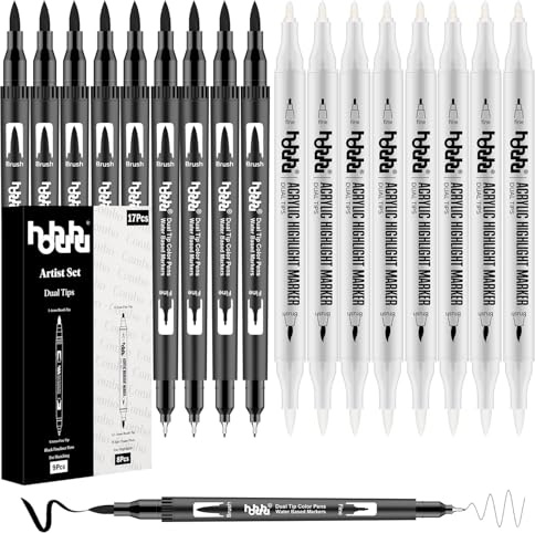 hhhouu Paquete de 17 bolígrafos de doble punta en blanco y negro, juego de delineador fino y resaltado para artistas, ilustradores y dibujo de cómics, flujo de tinta suave, sin manchas HO-D17