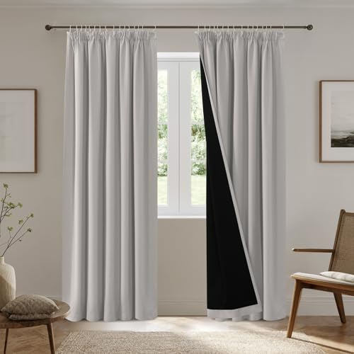 BellaHills 100% Thermovorhang Kälteschutz mit Kräuselband Gardinen Blickdicht,Verdunklungsgardine Vorhänge Wohnzimmer Blackout Curtains, 2er Set H260 x B140 cm, Pumice Stone