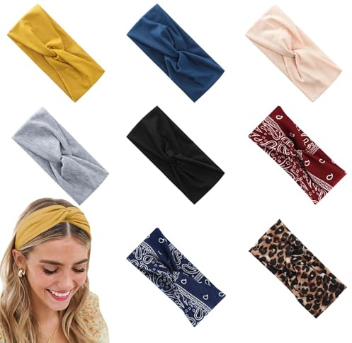 HECHKJ Lot de 8 bandeaux larges - Respirants - Anti-transpiration - Pour femme - Bandeau doux et élastique pour la course, les sports de plein air, le yoga et la danse