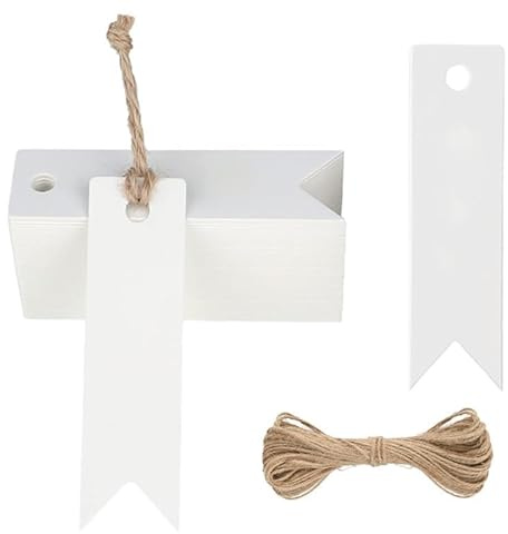 AZWOOD Geschenk Anhänger, 200 Stück Kraftpapier Etiketten, 2 * 7cm Papieranhänger Mit 40m Juteschnur, Blanko Geschenkanhänger Zum Beschriften für Hochzeit Handwerk Weihnachten, Weiß