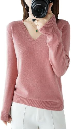 Kaschmirpullover Für Damen, Pullover Mit V-Ausschnitt Herbst Und Winter Pullover, Strickpullover Langarm Pullover Für Herbst Winter, 100% Wolle Kaschmir Damen Locker Lässig, Rosa, M
