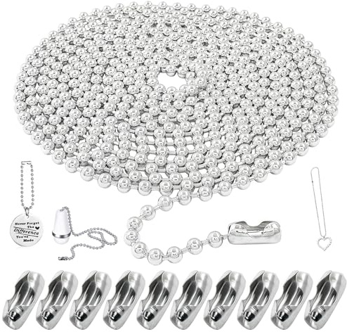 4.5mm Stainless Steel Roller Blind Chain - 3 Meter Beaded Pull Cord with 10 Connectors, Safety Replacement for Venetian & Roman Blinds (Silver, Tangle-Free Design)​