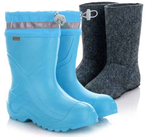 3Kamido GoCamp Bottes en caoutchouc pour enfants - matériau EVA, avec une doublure en feutre chaude et amovible, avec un col à cordon de serrage, avec bande réfléchissante 3M, pour garçons et filles