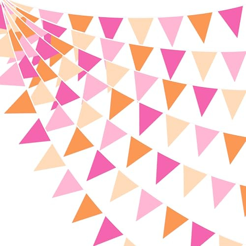 32Ft Orange Pink Bunting Banner Party Decorations Hot Pink Orange Fabric Triangle Flag Pennant Garland Streamer for Groovy Sunset Autumn Birthday Wedding Baby Bridal Shower Tea Party Outdoor Decor