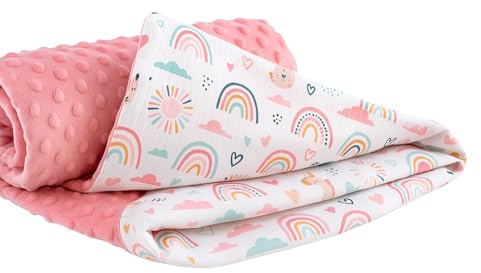 Ahoiikids Kuschelige Babydecke 75x100cm – Weiche Baumwoll-Decke für Neugeborene & Kleinkinder, ideal fürs Kinderbett & den Kinderwagen (Regenbogen mit Pink Minky)