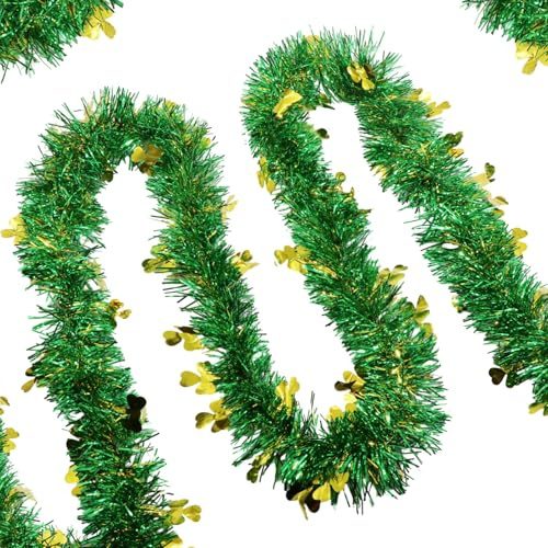 St Patricks Day Tinsel Garland Decor, 50Ft Glitter Tinsel Irish Shamrock Garland Decorations for St Patricks Day Home Party Decor