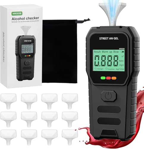 Kujizpu Alkoholtester, Tragbarer Atemalkoholtester mit Digitaler LCD Bildschirm | mit 12 Mundstücken& 1 Tasche, Alkoholmessgeräte Für zu Hause oder Auf Partys