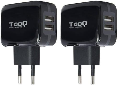 TooQ TQWC-1S02 - Cargador de Pared con 2 x USB (5V - 3.4 A, 17 W), con tecnologia AiPower, para iPad/iPhone/Samsung/Tablets/Smartphones, Color Negro (Paquete de 2)