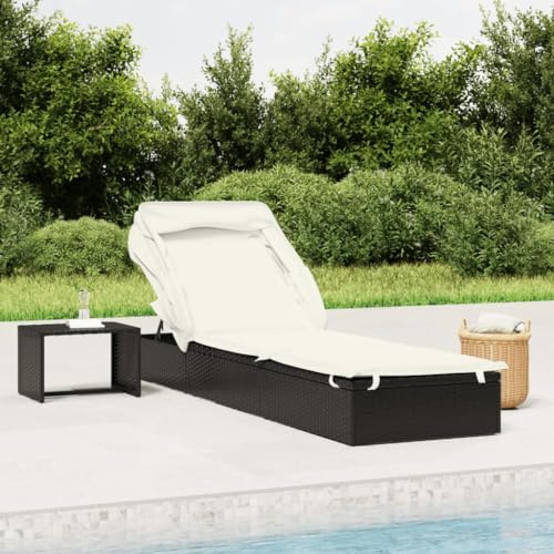 Yisssmeng Black Foldable Rattan Sunbed 83.9×24.8×38.2 in Outdoor Chaise Lounge with Adjustable Canopy & Armrests Modern Poly Rattan Patio Lounger for Garden Pool Terrace