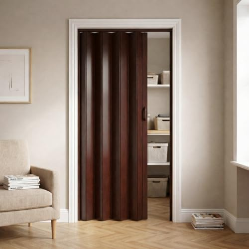 NOVECRAFTO PVC Folding Door, 32 x 80 in – Smooth Glide, Magnetic Closure, Moisture-Resistant, Easy Installation, Space-Saving – Wood Effect Concertina Accordion Sliding Door (Dark Brown Oak)
