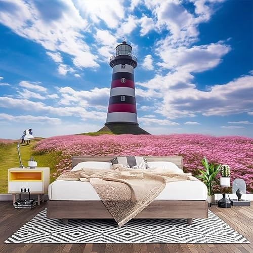 Fotomurales Decorativos Paisaje Del Faro Del Mar de Las Flores Papel Pintado Pared 200x140 cm Belleza Natural Papel Pintado TNT Decoración de Pared, Salones, Habitaciones Moderna Fotográfico