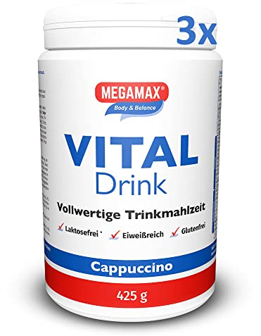 MEGAMAX® Vital Drink 3X Cappuccino – Proteinreiche Mahlzeit mit Glucomannan & Ballaststoffen – Sättigungs-Drink zur Gewichtskontrolle – GLP-1-freundlich – 425 g Pulver