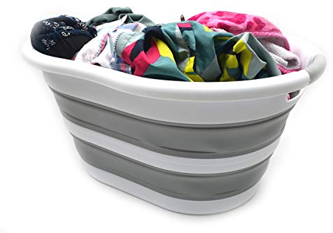 SAMMART Cestino per Biancheria Pieghevole in plastica - Vasca/Cestino Ovale - Contenitore/organizzatore Pieghevole - Vasca di Lavaggio Portatile - Cesto per Biancheria salvaspazio (Grigio) 36L
