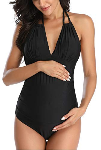 EastElegant Mamma baddräkt Graviditetsbaddräkt i ett stycke V-ringad graviditet badkläder grimma moderskap bikini, Svart,XL