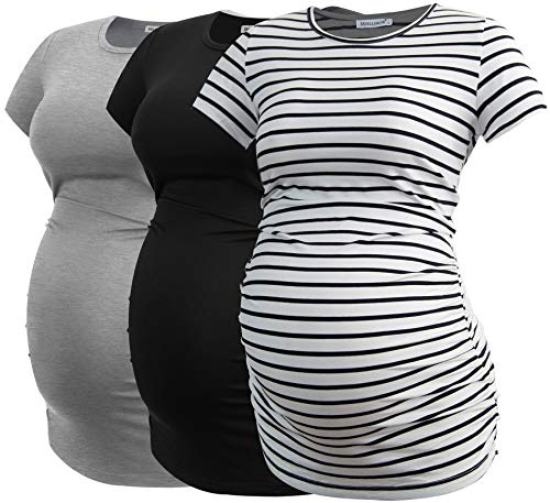Smallshow Damen Umstandsmode Tops Seitlich Geraffte Schwangerschafts Umstandstop 3er Pack Black/Grey/White Stripe S