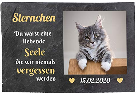 wandmotiv24 Gedenktafel Tiere Schiefer Wetterfest, Personalisiert mit Ihrem Haustier-Foto in Farbe & Name & Datum mit Trauerspruch, Erinnerungstafel 30x20cm, Gedenkstein Hund Katze, Grabstein Haustier