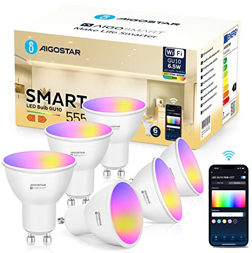 Aigostar Lampadine LED Alexa GU10 SL2 Lampadina WIFI Smart 6.5W 555LM , Dimmerabile RGB & 2700K-6500K , Controllo App , 26 Simulazioni di scena , compatibile con Alexa/Google Home , 6 Unità.