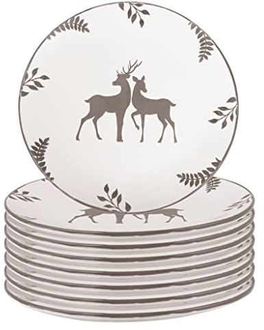 Dinner Plate Set of 8 Hand Painted Grey & White Stag Dinnerware Set | Dishwasher Safe, Microwave Safe, Hand Finished, Stoneware, Crockery, Tableware, Dinner Plates, Dining Plates