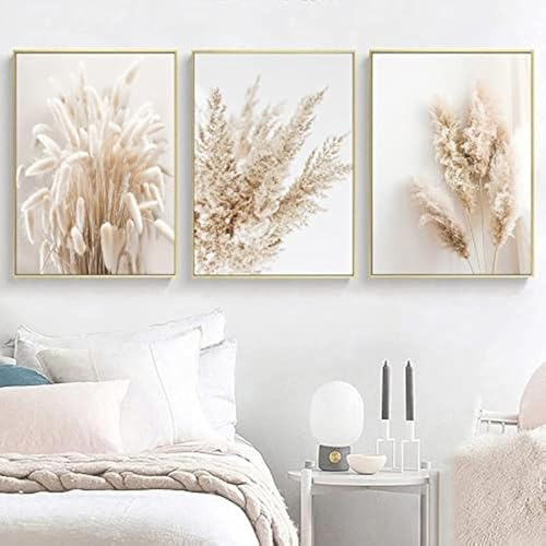 Trayosin 3er Wandbilder Set Boho Pampasgras, Beige Bilder für Schlafzimmer und Wohnzimmer, Vintage Poster ohne Rahmen (B,21x30cm)