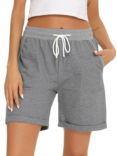 Shorts de Sport Femme Coton Pantalon Court Écontracté avec Poches Taille Haute Respirant Doux Short avec Cordon Élastique Bermuda pour Yoga Fitness Jogging Vacance Gris M