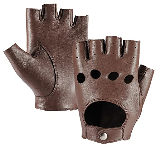 Damen Fingerlose Schaffell Autofahrer Lederhandschuhe Rock Punk Handschuhe,Braun,L