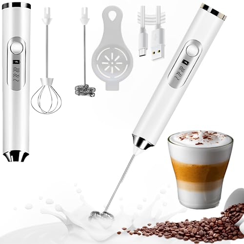 Milchaufschäumer Handheld Kaffee Aufschäumer Elektrischer Schneebesen, USB Wiederaufladbarer 3 Gang Verstellbarer Milchsprudler mit 2 Edelstahl-Schneebesen