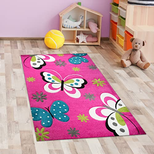 CARPETIA Teppich Kinderzimmerteppich mit Schmetterlingen | strapazierfähig & robust | pink, 80 x 150 cm