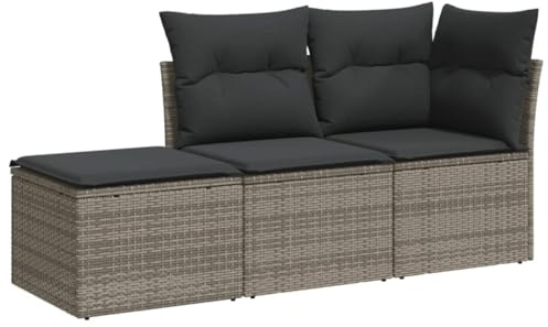 vidaXL Garten Sofa Garnitur 3-TLG., Gartenmöbel Set mit Kissen, Sitzgruppe für Garten Terrasse, Modular Gartensofa Hocker Lounge, Grau Poly Rattan