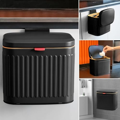 TESIN 4L Hanging Kitchen Compost Bin with Lid and Removable Inner Bucket | 1.05 Gallon Hanging Cabinet Door Food Waste Caddy for Under Sink, Wall or Countertop, Black
