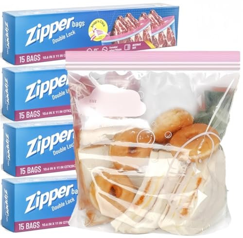 KAHEIGN 60 Pezzi Sacchetti per Alimenti da Congelatore, Grande Sacchetti con Chiusura Lampo a Doppia Tenuta Borsa Riutilizzabili con Fondo Allargato per Frutta Sandwich Verdure Carne Spuntini