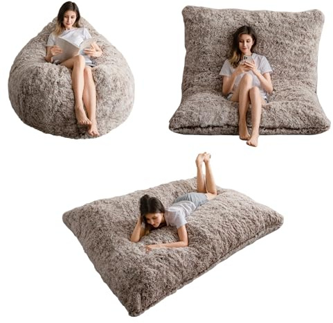 MAXYOYO Bean Bag - Poltrona a sacco gigante, quadrata, grande divano con lungo rivestimento in pelliccia sintetica e imbottitura soffice inclusa, per adulti, coppie, ospiti (marrone, queen size)