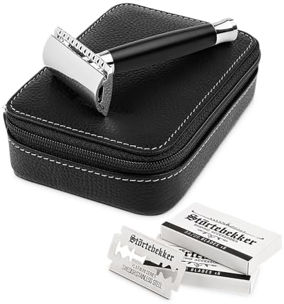 Störtebekker® Premium Rasierhobel Solingen Schwarz im Set - inkl. Rasierhobel Etui und 10 Störtebekker Klingen - perfekt zum Reisen - Hochwertiges Rasierset/Bartpflege Set für Männer - Geschenkidee