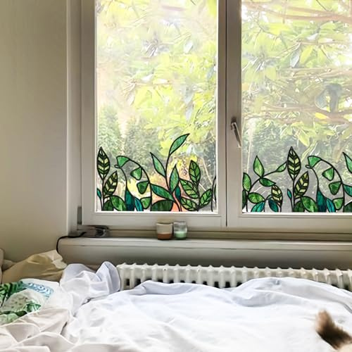 funlife Original Hand-Drawn Stained Glass Window Film, Double-Sided Static Cling Window Cling Sticker, Non-Adhesive Reusable Glass Windows Border Decor, Medium Transparent Green Leave