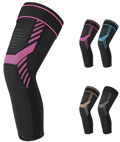 Bcautay Ginocchiera Lunga a Compressione con Cinturino Regolabile in Velcro Ginocchiera per Donne e Uomini per Sollevamento Pesi, Pallacanestro, Strappo del Menisco, Artrite (Rosa Rosso, M)