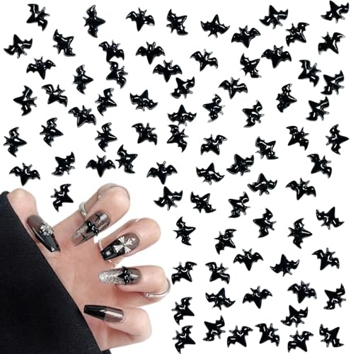 Schwarz Nail Charms, 120 Stück Halloween Fledermaus Nagelanhänger, 3D Harz Nagel Charms Dekorations für Frauen Strasssteine Nägel Nail Design (Schwarz)