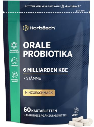 Oral Biotika för Mun | 60 Tuggbara Veganska Tabletter | Mintsmak | Kosttillskott för Dålig Andedräkt med Lactobacillus Acidophilus, Reuteri och mer | 6 Miljarder CFU | av Horbaach
