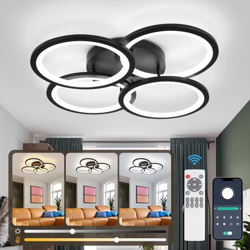 CANEOE Modern LED Deckenleuchte Dimmbar mit Fernbedienung 4-Ring Deckenleuchte 54W 5000LM, Schwarz Flach Design Deckenlampe für Wohnzimmer, Schlafzimmer, Küche, Flur, Balkon, Esszimmer, 3500-6500K