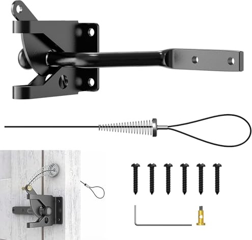 Linkidea Heavy Duty Gate Latch, Self Locking Gravity Latch with Adjustable Cable Pull for Easy Opening, Spring Loaded Fence Gate Lock for Garden, Pool, Yard, Metal & Wood Gates (Black)