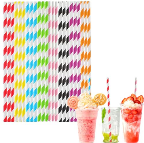 Lot de 100 Pailles Carton Jetables,198x6mm Pailles Bubble Tea, Rayée Coloré Paille en Papier pour cocktail Mason Jar, Verre, Anniversaire, Mariage, Noël, Douche de Bébé, Célébration et Fête