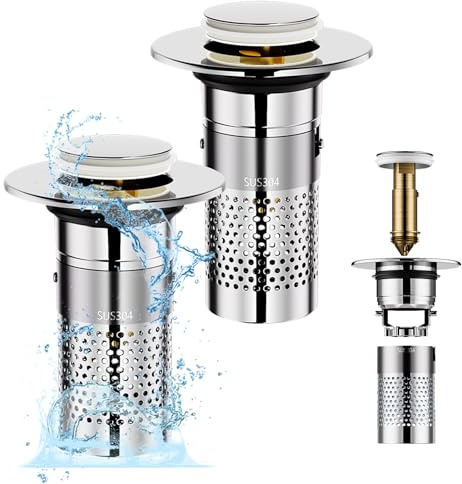 APKOL 2 Stück Abflussstopfen Waschbeckenstöpsel für 34-40mm Abfluss Ablauf, Universal Pop Up Abflussstopfen Waschbecken mit Haarsieb für Aufsatzwaschbecken, Abflusssieb Dusche Schnell Ablaufend